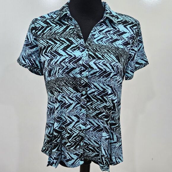 Dana Buchman Womens Pleated Button Up Top Size Medium Geometric Chevron Tribal - Picture 1 of 12